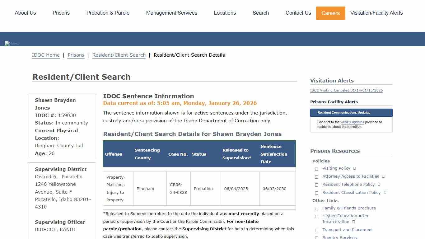 Resident/Client Search Details Idaho Department of Correction